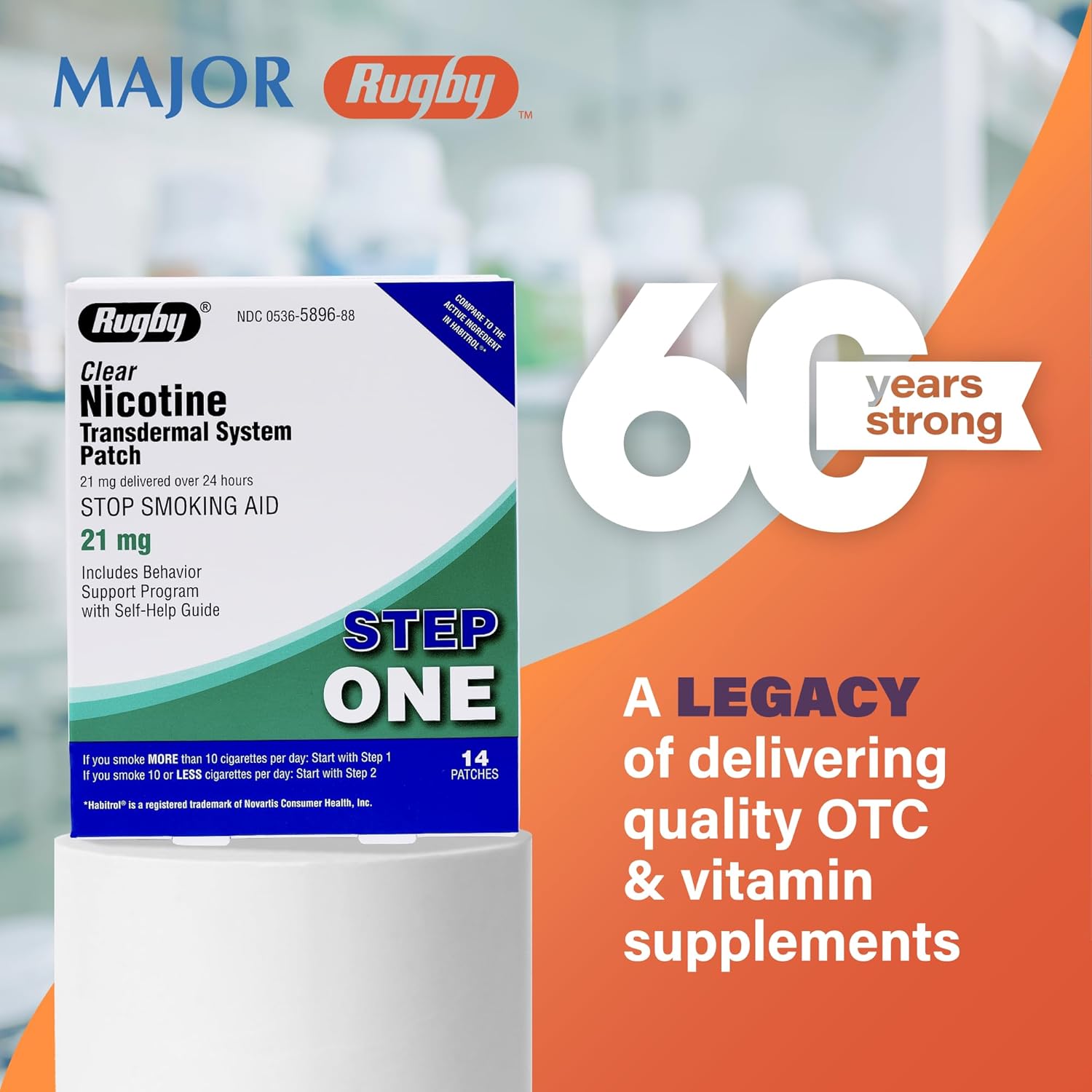 Rugby Clear Nicotine Patches - Transdermal System Patch - Smoking or Vaping Quitting Aid - Step 1-21mg - 14 Count (1 Pack)