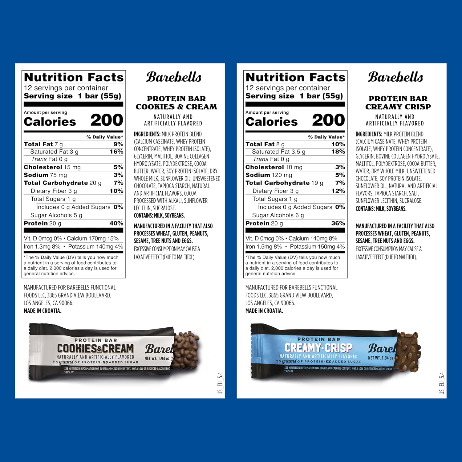 Barebells Protein Bars Combo Pack – 12 Creamy Crisp & 12 Cookies & Cream (24 bars total) – High Protein Snacks with 20g Protein & No Added Sugar – On-the-Go Breakfast or Post-Workout Treat