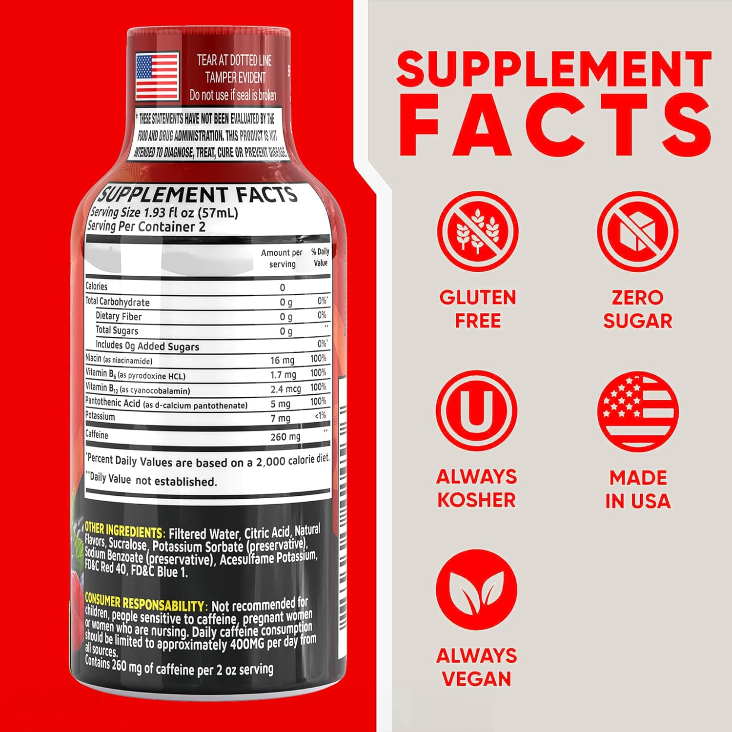 Extra Strength Energy Shot – Fruit Punch – 260mg Caffeine with B12, B6, Niacin & Electrolytes – 2 Servings – All-Day Energy & Focus Support – Sugar-Free, Zero Calories – Vegan – 1.93 fl oz, 12-Pack