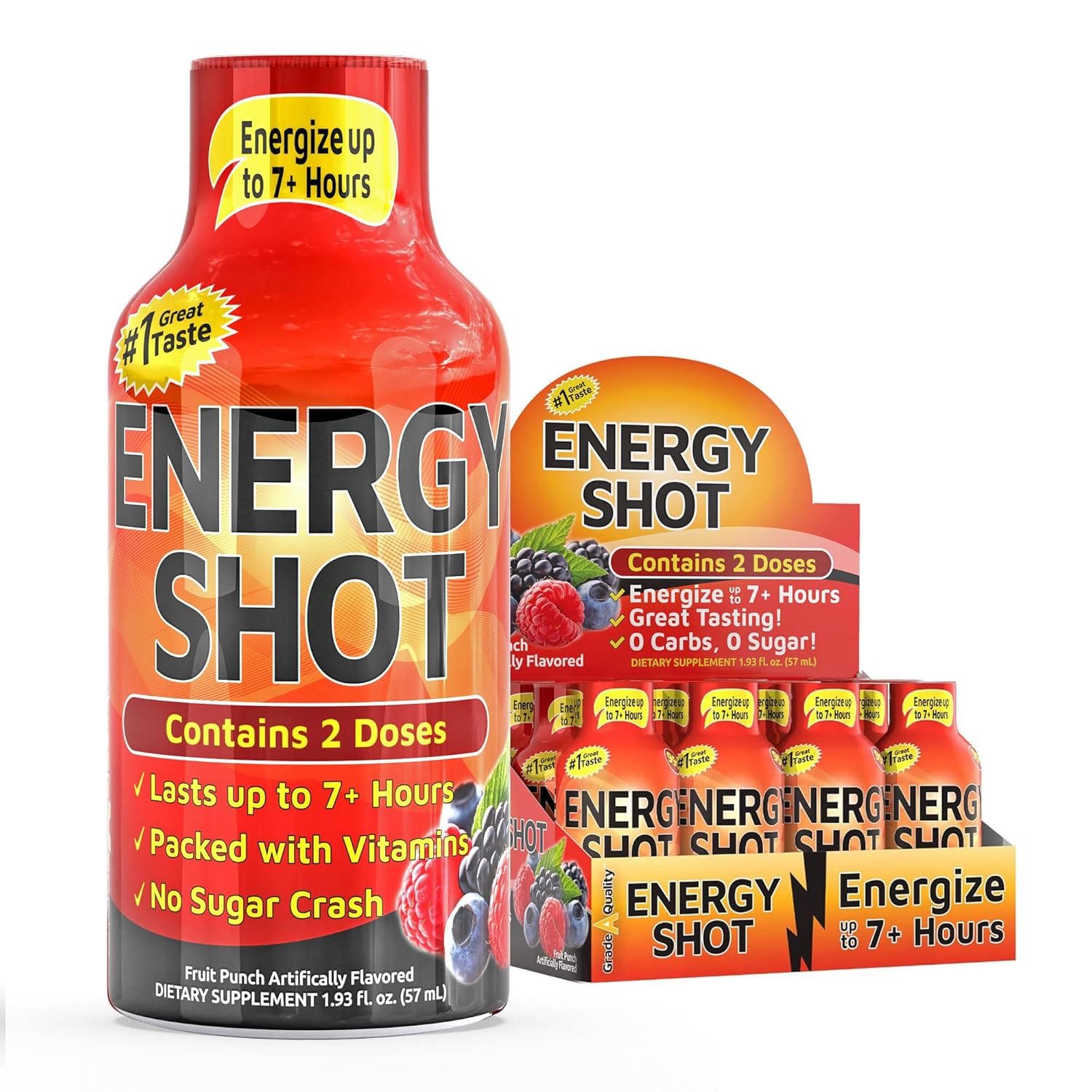 Extra Strength Energy Shot – Fruit Punch – 260mg Caffeine with B12, B6, Niacin & Electrolytes – 2 Servings – All-Day Energy & Focus Support – Sugar-Free, Zero Calories – Vegan – 1.93 fl oz, 12-Pack