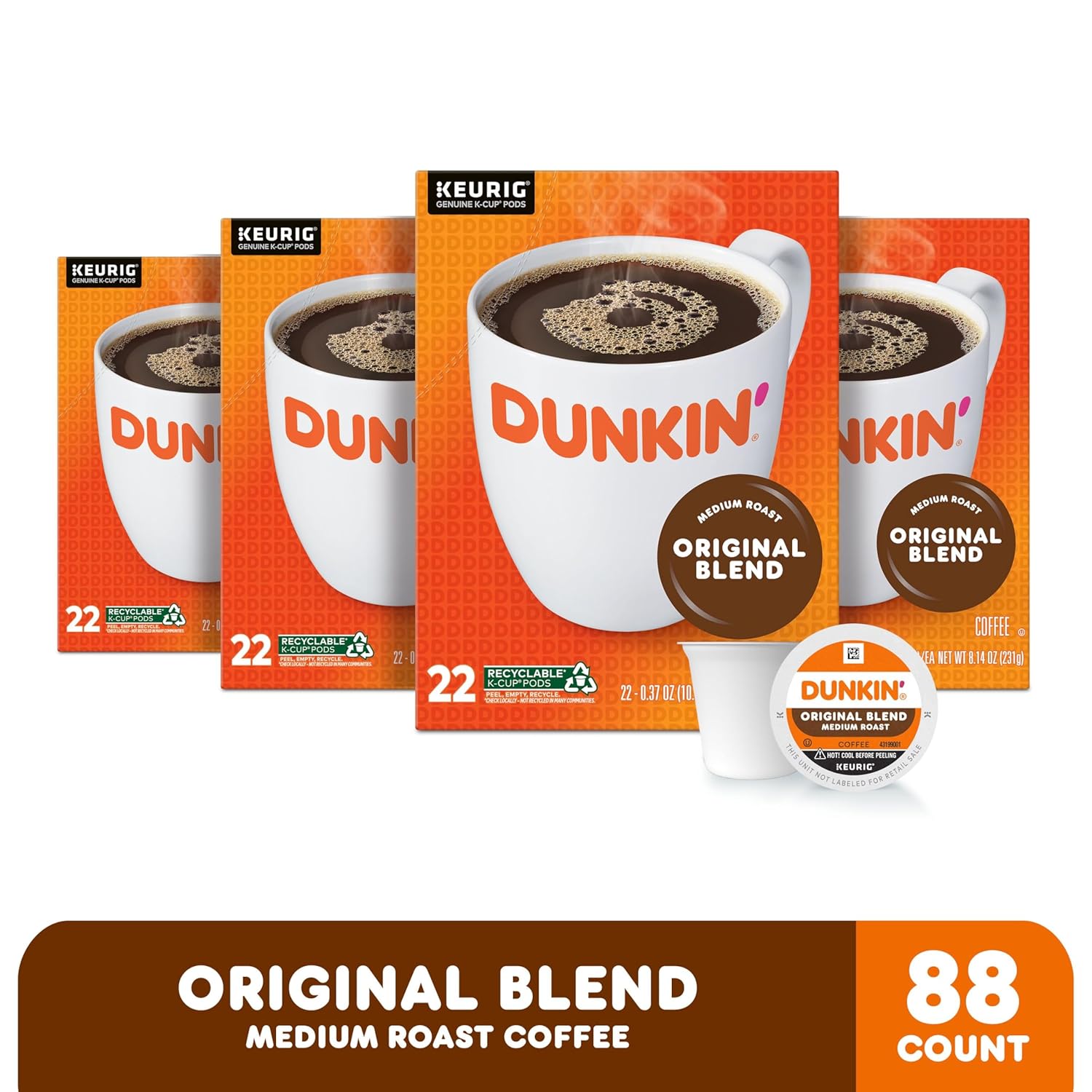 Dunkin' Original Blend Coffee, Medium Roast, K-Cup Pods, 22 Count Boxes (Pack of 4)